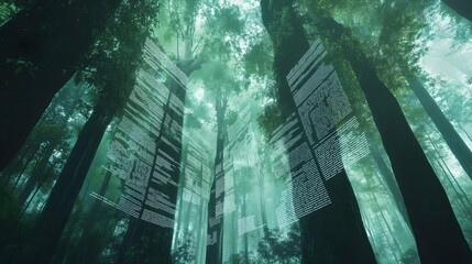 Photograph of a lush green forest landscape with a carbon credit certificate layer over it representing environmental conservation and sustainability initiatives