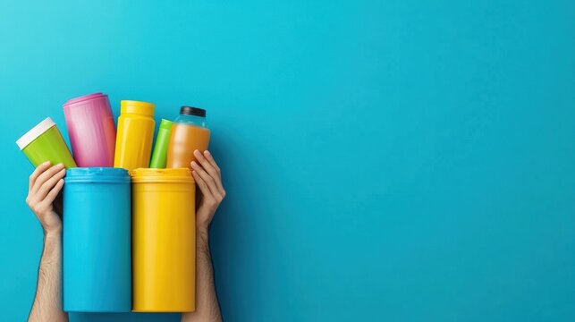 A person holding a bunch of different colored containers on their hands, AI