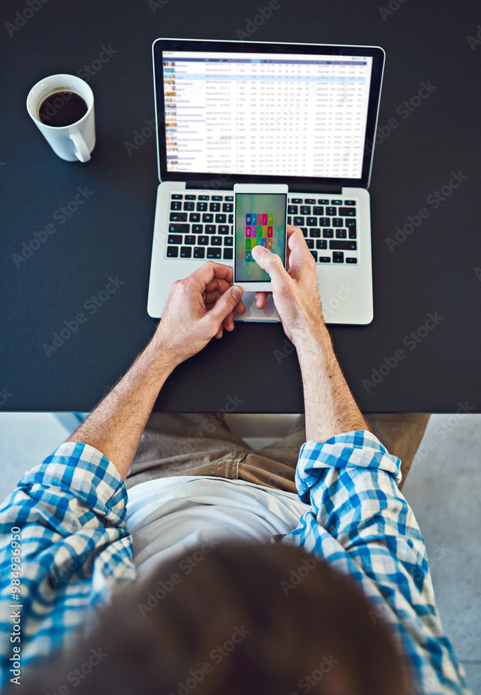 Poster above, hands and person with phone in office for contact, app management and innovation at laptop. m