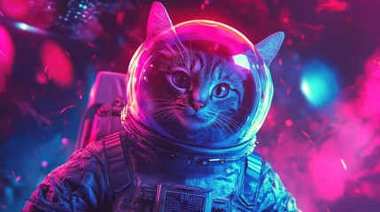 A cat astronaut in a spacesuit with a colorful neon background.