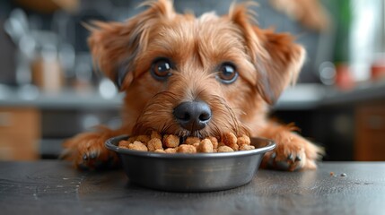 An adorable and cute dog is patiently waiting for its food to be served in a bowl