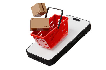 3D Shopping basket with mobile phone and cardboard box icon isolated on purple background. Element for Online Shopping, E-Commerce Concept. Minimal Cartoon shopping basket and parcel boxes. 3d render.