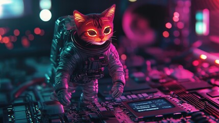 A cat astronaut stands on a futuristic circuit board in a neon-lit setting.