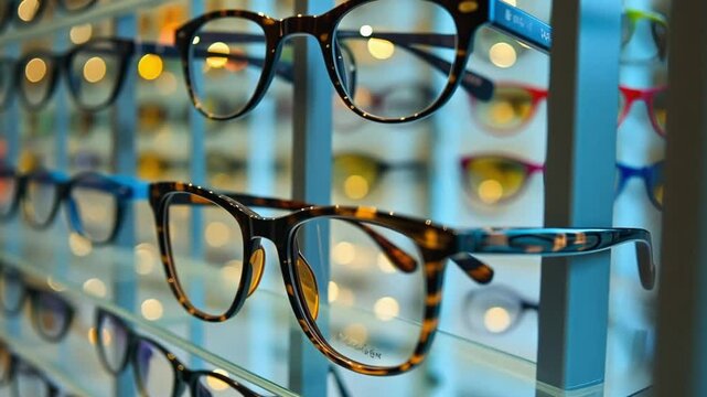 Eyeglasses displaying on shelves reflecting light