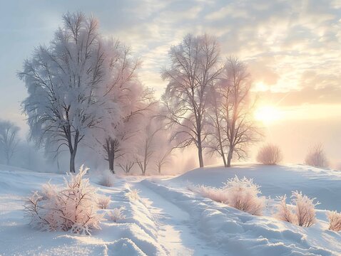 Snowy winter landscape frostcovered trees soft white snowdrifts and a pale winter sky creating a calm seasonal background perfect for holiday or cold weather themes