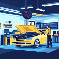 Naklejka premium Auto Check and Car Service Concept - Mechanic Inspecting Engine Maintenance