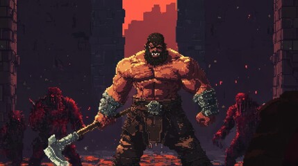 Fototapeta premium Muscular Barbarian Warrior Standing with Axe in a Pixel Art Style