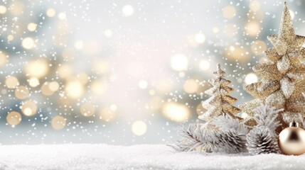 Christmas background with snowy Christmas tree, ornaments and sparkling bokeh lights 