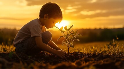 ni&ntilde;o peque&ntilde;o plantando un arbol en tierra seca con la esperanza de reforestar el campo y mejorar el medio ambiente infancia feliz y de aprendizaje