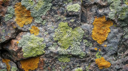 Close-up of Orange and Green Lichen Growing on a Rock