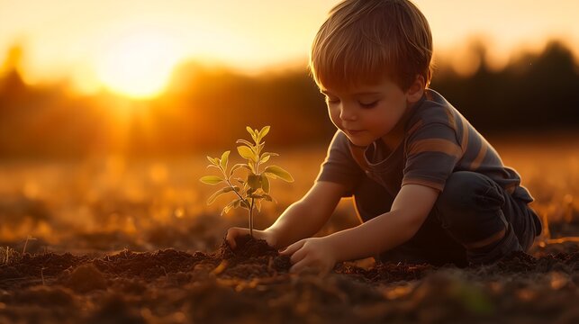 ni&ntilde;o peque&ntilde;o plantando un arbol en tierra seca con la esperanza de reforestar el campo y mejorar el medio ambiente infancia feliz y de aprendizaje