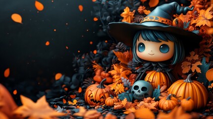 Fototapeta premium Adorable Halloween Witches and Pumpkins - Festive Holiday Illustrations