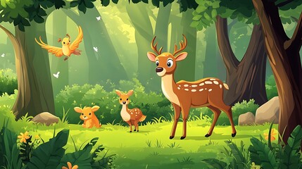 Cute Cartoon Deer Family with Bird in a Lush Green Forest Illustration