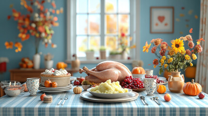 Luxurious table setting with traditional Thanksgiving dishes, roast turkey, mashed potatoes, cranberry sauce, pumpkin pie against autumn decorations in home, USA, holiday, celebration, seasonal food