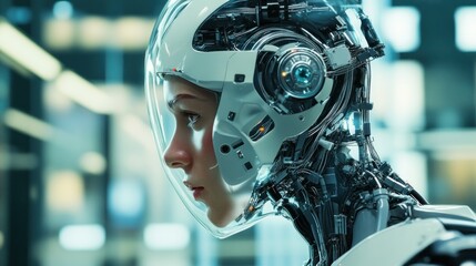 Fototapeta premium Close-up Portrait of a Cyborg with Exposed Mechanical Parts