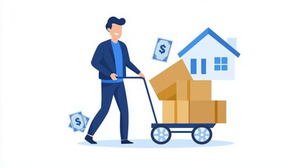 A man is pushing a cart full of boxes and money