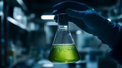 A close-up of a gloved hand holding up an Erlenmeyer flask filled with a yellowish-green liquid, set against the backdrop of laboratory equipment and a black background.
