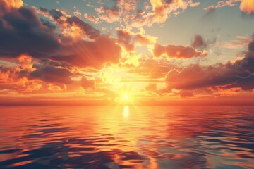 Naklejka premium The sun is setting over the ocean, casting a warm glow on the water, generative ai image