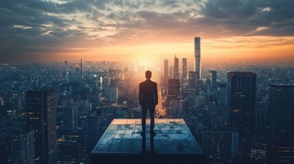 A Silhouetted Man Standing on a Rooftop Overlooking a Cityscape at Sunrise