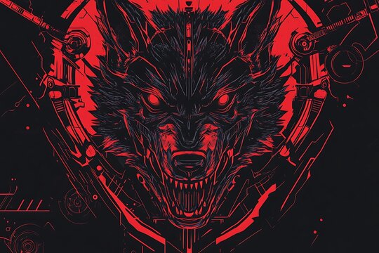 Cyberpunk Wolf with Red Eyes, Digital Art Illustration