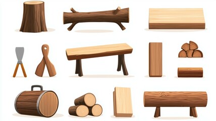 Fototapeta premium A collection of wooden items, including a bench, a log, and a saw