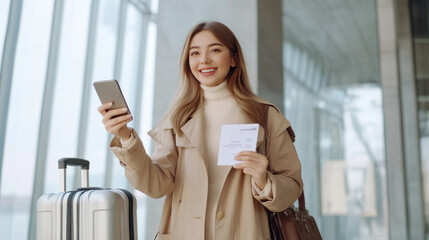 Fototapeta premium A smiling female traveler standing in a modern, light-colored airport background. She is holding a smartphone in one hand and her passport with a boarding pass in the other