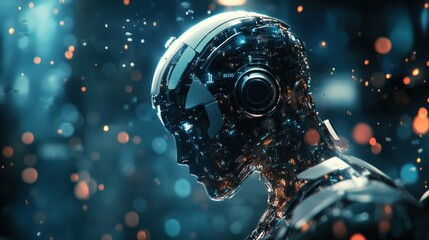 A Futuristic Robot Head with Exposed Circuitry Against a Bokeh Background