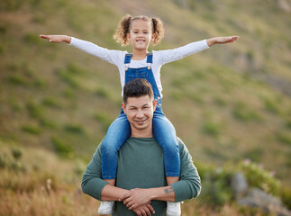 Smile, airplane and portrait of man and daughter in nature for freedom, travel and holiday....