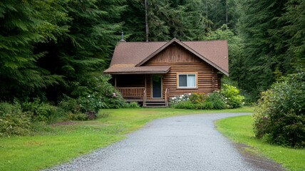 A small log cabin with a porch and a driveway