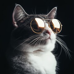 Naklejka premium A cat displays its personality while wearing round sunglasses, striking a confident pose against a contrasting dark backdrop