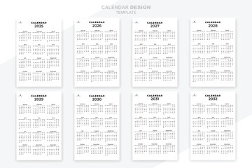 Calendar 2025, 2026, 2027,2028,2029, 2030, 2031, 2032 set collection simple design template