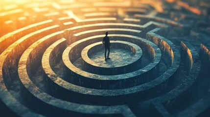 Solitary Figure Standing in the Center of a Stone Maze