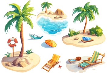 Obraz premium Tropical island set with palm trees, beach chairs, lifebuoy, boat and starfish