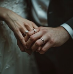 Couple holding hands with wedding rings, capturing love and commitment in an intimate moment during their ceremony