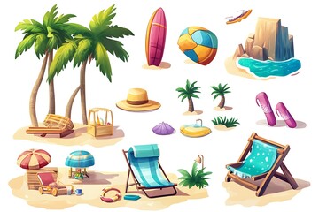 Cartoon beach set with palm trees, chairs, surfboard, beach ball, sandcastle and more