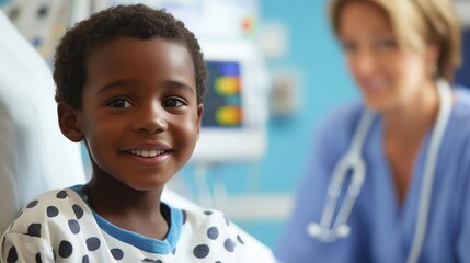 smiling young boy with a doctor in a hospital setting