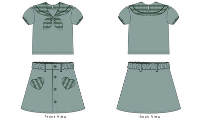 Girls Lapel Dress and Skirt Vector Illustration