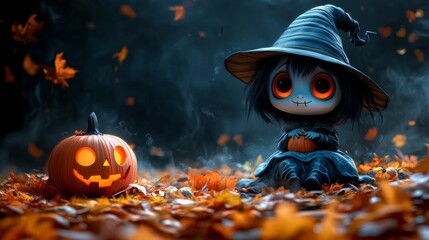 Adorable Halloween Pumpkin Characters in Witch Hats Surrounded by Autumn Leaves