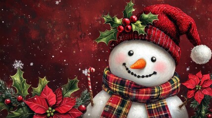 Fototapeta premium A cheerful snowman with a red hat, plaid scarf, and a candy cane smiles against a red background with falling snow and holly and poinsettia plants.