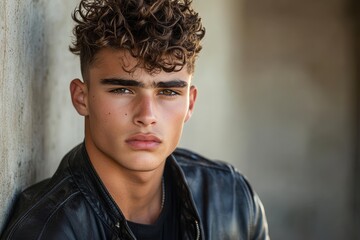 Fototapeta premium A young man with curly hair displays a confident expression while wearing a leather jacket, leaning against a textured wall