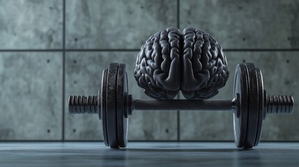 Human brain made of steel lifting a heavy dumbbell. Mind training
