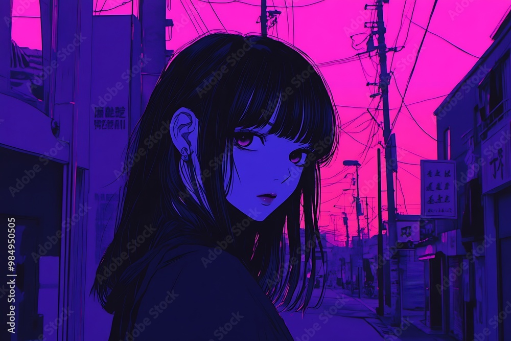 Poster Anime girl in a neon cityscape, digital art illustration