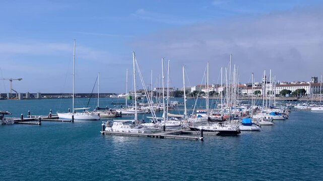 View over yachts and boats in marina of Ponta Delgada in Sao Miguel island, the capital of Azores islands.