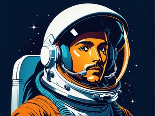 A stylized portrait of an astronaut in a space helmet against a starry background.