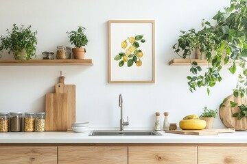 Modern Kitchen Interior Design with Wooden Countertop and Poster