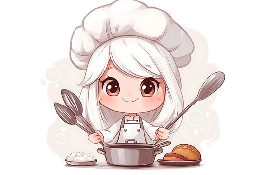 recommend clip art: Cute chibi chef girl cooking with utensils in kitchen. Character illustration for cooking, food, recipe, and restaurant branding.