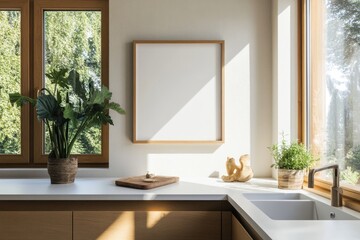 Modern Kitchen Interior Design with Wooden Countertop and Poster