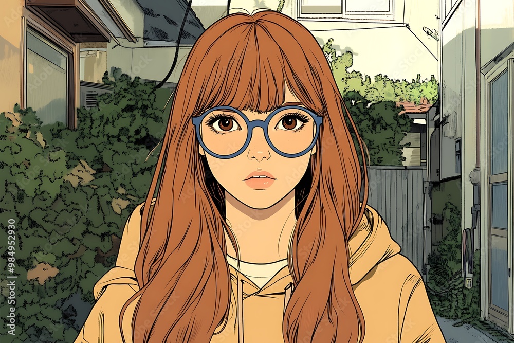 Canvas Prints Anime girl with brown hair and blue glasses in an urban setting