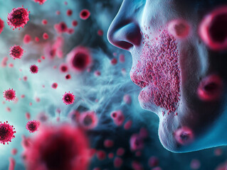 A close-up visualization of bacteria spreading through coughing, depicting red virus particles and the concept of airborne transmission in a health and medical context