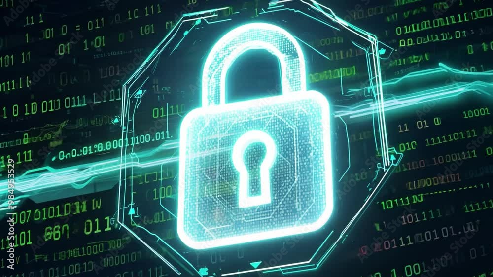 Aufkleber A digital lock icon is illuminated against a backdrop of green binary code, symbolizing the principles of data security and encryption in the virtual landscape.